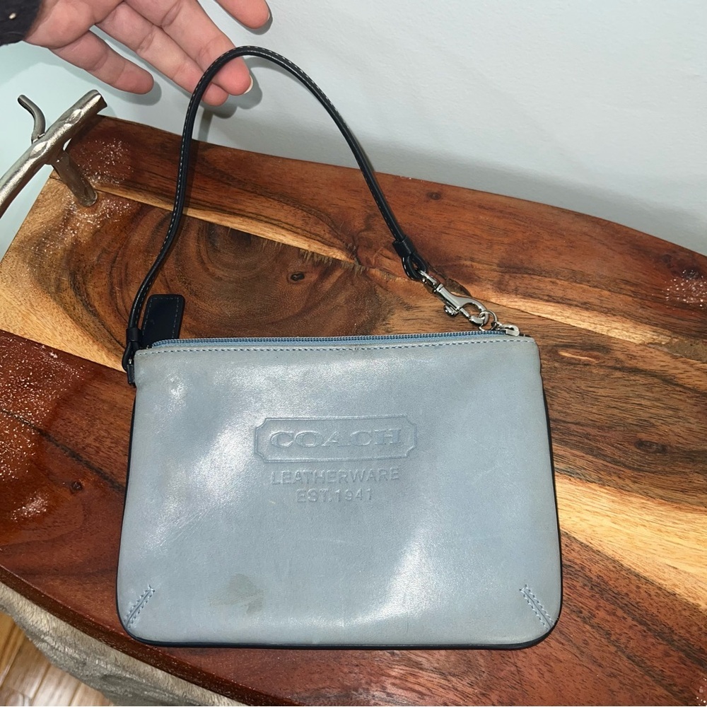 Coach Dusty Blue Gray Leather Zip Top Wristlet Clutch Est 1941 - Picture 4 of 7